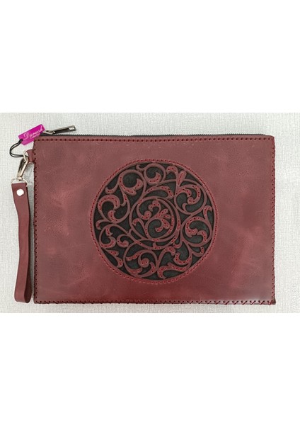 Tasarım, Gerçek Deri, El Işlemesi Bordo-Siyah Portföy& Clutch Çanta