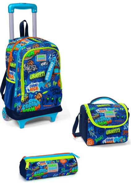 Kids Saks Mavi Grafiti Desenli Üç Bölmeli Çekçekli Okul 3'lü Çanta Seti 3SET23967