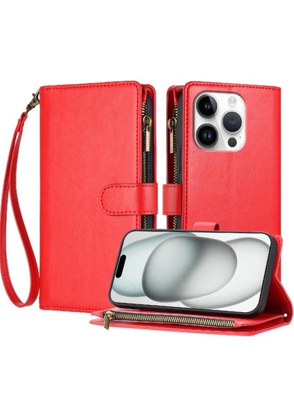 IPhone 16 Için Kılıf Pro Pu Deri Çanta Kapak Kart Yuvaları Folio Kapak (Yurt Dışından)