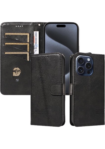 Kredi Kartı Yuvası ile IPhone 15 Pro Için Filp Durumda Preslenmiş Pu Deri Telefon (Yurt Dışından)