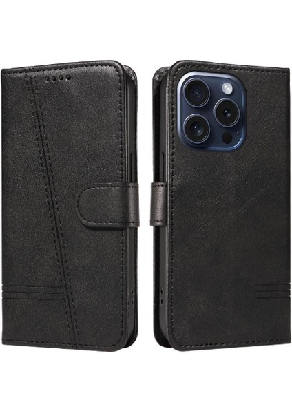 Kredi Kartı Yuvası ile IPhone 15 Pro Için Filp Durumda Preslenmiş Pu Deri Telefon (Yurt Dışından)