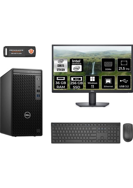 Optiplex 3000MT Intel Core I5 12500 36GB 256GB SSD 21.5" Fhd Monitör W11P N010O3000MTAC Masaüstü Bilgisayar & Per4 USB Bellek N010O3000MTACMNT431