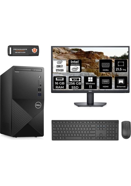 Vostro 3910MT Intel Core I7 12700 16GB 256GB SSD 21.5" Fhd Monitör W11H N7598VDT3910 Masaüstü Bilgisayar & Per4 USB Bellek N7598VDT3910MNT361