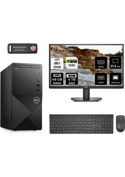 Vostro 3910MT Intel Core I7 12700 48GB 4tb SSD GT1030/4GB 21.5" Fhd Monitör Fdos N7598VDT3910 Masaüstü Bilgisayar & Per4 USB Bellek N7598VDT3910MNT3345