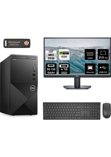 Vostro 3910MT Intel Core I3 12100 36GB 4tb SSD GT1030/4GB 21.5" Fhd Monitör Fdos N3563VDT3910 Masaüstü Bilgisayar & Per4 USB Bellek N3563VDT3910MNT3335