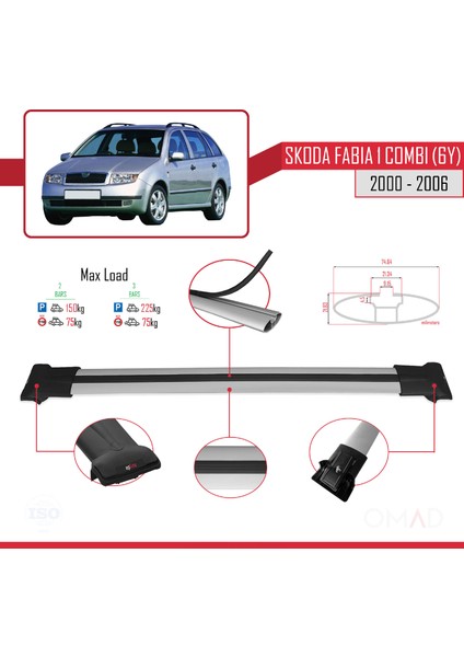 Skoda Fabia 1 Combi (6y) 2000-2006 Arası ile Uyumlu Fly Model Ara Atkı Tavan Barı Gri 2 Adet