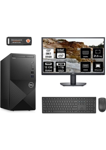 Vostro 3910MT Intel Core I7 12700 12GB 1tb SSD 21.5" Fhd Monitör Fdos N7598VDT3910 Masaüstü Bilgisayar & Per4 USB Bellek N7598VDT3910MNT308