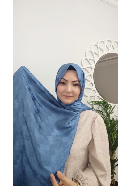 Livas Scarf Monogram J Desen Ipeksi Parlak Jakar Şal-Açık Mavi-02