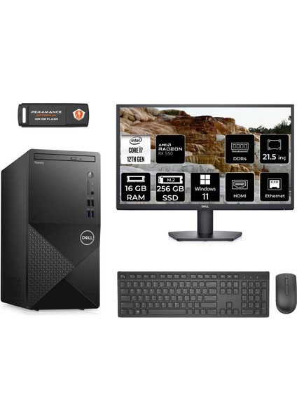 Vostro 3910MT Intel Core I7 12700 16GB 256GB SSD RX550/4GB 21.5" Fhd Monitör W11P N7598VDT3910 Masaüstü Bilgisayar & Per4 USB Bellek N7598VDT3910MNT1411