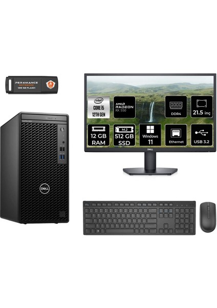 Optiplex 3000MT Intel Core I5 12500 12GB 512GB SSD RX550/4GB 21.5" Fhd Monitör W11H N010O3000MTAC Masaüstü Bilgisayar & Per4 USB Bellek N010O3000MTACMNT1357