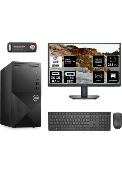 Vostro 3910MT Intel Core I7 12700 36GB 4tb SSD RX550/4GB 21.5" Fhd Monitör Fdos N7598VDT3910 Masaüstü Bilgisayar & Per4 USB Bellek N7598VDT3910MNT1335