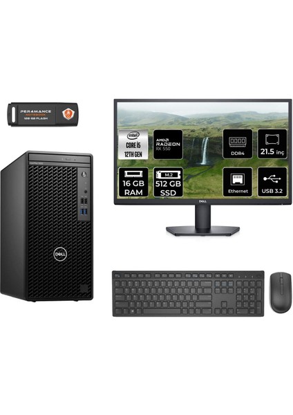 Optiplex 3000MT Intel Core I5 12500 16GB 512GB SSD RX550/4GB 21.5" Fhd Monitör Fdos N010O3000MTAC Masaüstü Bilgisayar & Per4 USB Bellek N010O3000MTACMNT1312