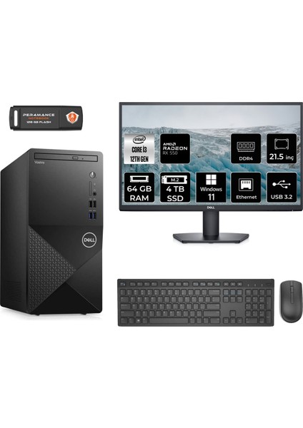Vostro 3910MT Intel Core I3 12100 64GB 4tb SSD RX550/4GB 21.5" Fhd Monitör W11P N3563VDT3910 Masaüstü Bilgisayar & Per4 USB Bellek N3563VDT3910MNT1450