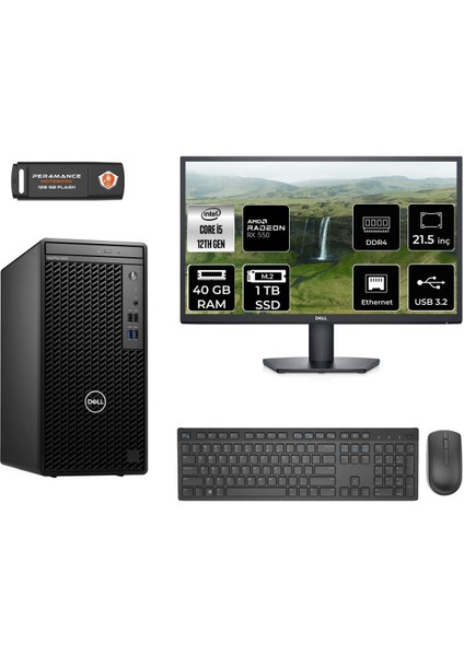 Optiplex 3000MT Intel Core I5 12500 40GB 1tb SSD RX550/4GB 21.5" Fhd Monitör Fdos N010O3000MTAC Masaüstü Bilgisayar & Per4 USB Bellek N010O3000MTACMNT1338