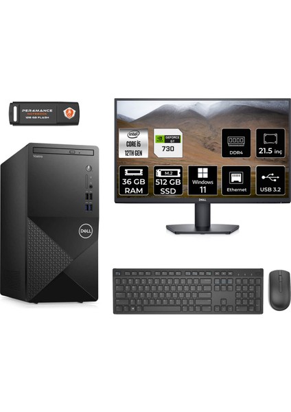 Vostro 3910MT Intel Core I5 12400 36GB 512GB SSD GT730/4GB 21.5" Fhd Monitör W11P N7519VDT3910 & Masaüstü Bilgisayar & Per4 USB Bellek N7519VDT3910MNT2432