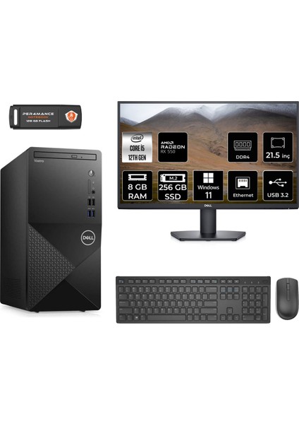 Vostro 3910MT Intel Core I5 12400 8gb 256GB SSD RX550/4GB 21.5" Fhd Monitör W11H N7519VDT3910 & Masaüstü Bilgisayar & Per4 USB Bellek N7519VDT3910MNT1351
