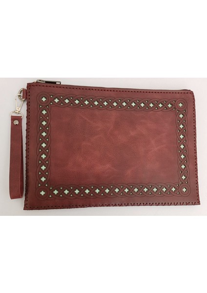 Tasarım Gerçek Deri, El Işlemesi Bordo-Su Yeşili Portföy - Clutch Çanta