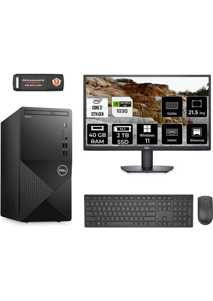 Vostro 3910MT Intel Core I7 12700 40GB 2tb SSD GT1030/4GB 21.5" Fhd Monitör W11P N7598VDT3910 Masaüstü Bilgisayar & Per4 USB Bellek N7598VDT3910MNT3439