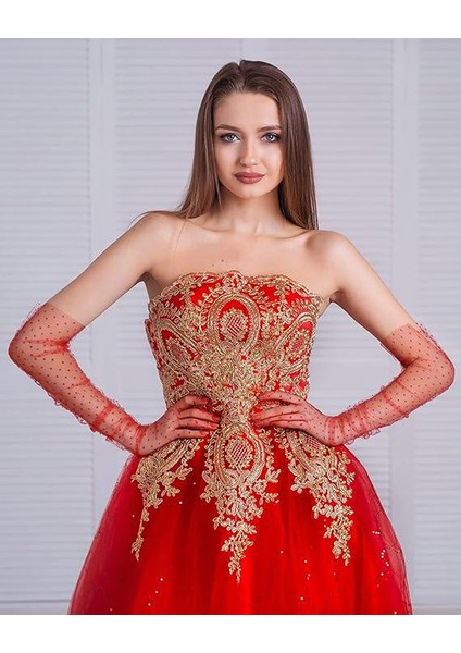 Uzun Boy Kırmızı Puantiyeli Kırmızı Renk Yetişkin Tül Eldiven 55 cm