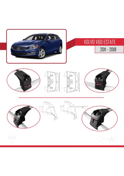 Volvo V60 Estate 2011-2018 Arası ile Uyumlu Ace-2 Ara Atkı Tavan Barı Gri indirimleri