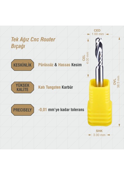 Cnc Router Bıçak Tek Ağız Karbür Uç 4X1X3X38.5