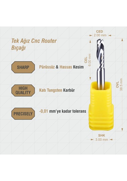 Cnc Router Bıçak Tek Ağız Karbür Uç 6X2X3X38.5