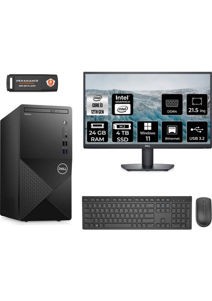 Vostro 3910MT Intel Core I3 12100 24GB 4tb SSD 21.5" Fhd Monitör W11P N3563VDT3910 Masaüstü Bilgisayar & Per4 USB Bellek N3563VDT3910MNT425
