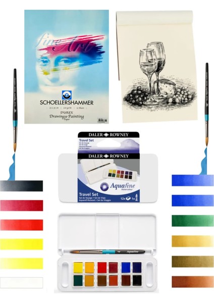 Schoellershammer 25X35 15 Sayfa 200 gr Daler Rowney Aquafine Travel Set 12 Renk Sulu Boya Set