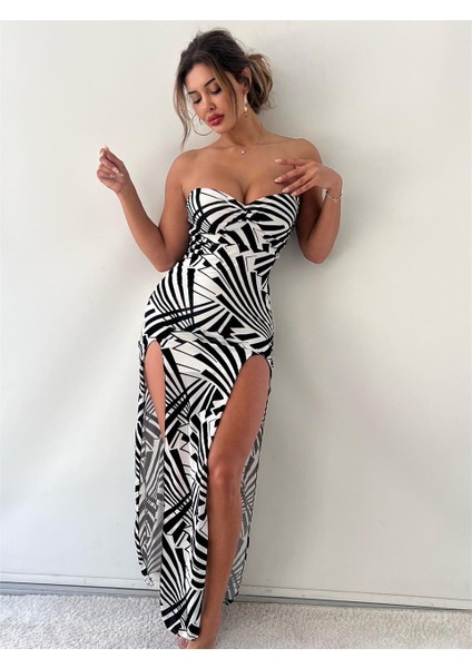 Beyaz Geometrik Desenli Flog Baskılı Astarlı Maxi Elbise