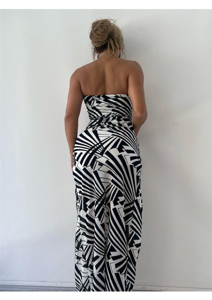 Beyaz Geometrik Desenli Flog Baskılı Astarlı Maxi Elbise modelleri