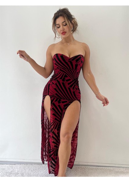 Kırmızı Geometrik Desenli Flog Baskılı Astarlı Maxi Elbise