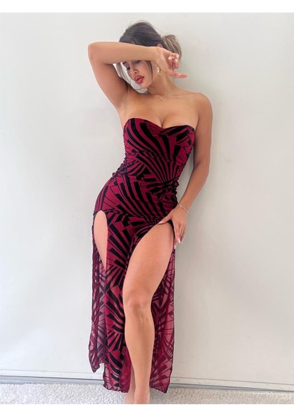 Kırmızı Geometrik Desenli Flog Baskılı Astarlı Maxi Elbise fiyatları