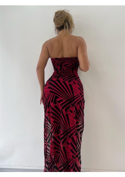 Kırmızı Geometrik Desenli Flog Baskılı Astarlı Maxi Elbise fırsatları