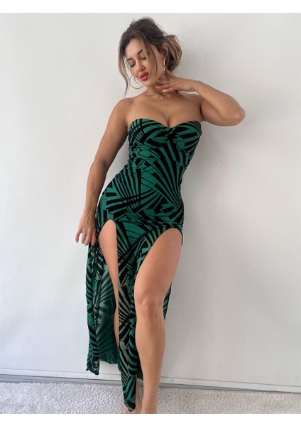 Yeşil Geometrik Desenli Flog Baskılı Astarlı Maxi Elbise