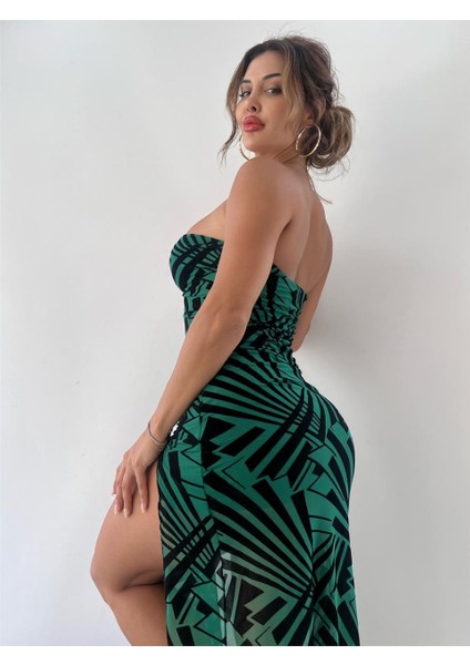 Yeşil Geometrik Desenli Flog Baskılı Astarlı Maxi Elbise fiyatları