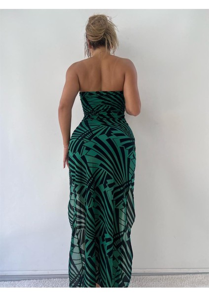 Yeşil Geometrik Desenli Flog Baskılı Astarlı Maxi Elbise modelleri