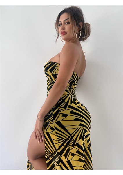 Sarı Geometrik Desenli Flog Baskılı Astarlı Maxi Elbise