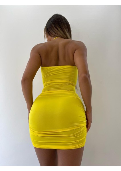 Sarı Bodycon Mini Dekolteli Elbise