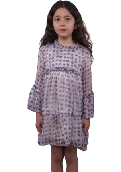 Kız Çocuk Benek Desenli Içi Ip Askılı Astarlı Gri Renk Iki Parçalı Şifon Elbise