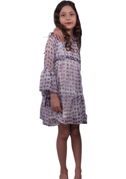 Kız Çocuk Benek Desenli Içi Ip Askılı Astarlı Gri Renk Iki Parçalı Şifon Elbise fiyatları