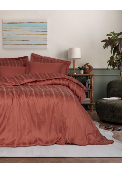 Smart Bambu Saten Çift Kişilik Nevresim Takımı Stripe Kiremit
