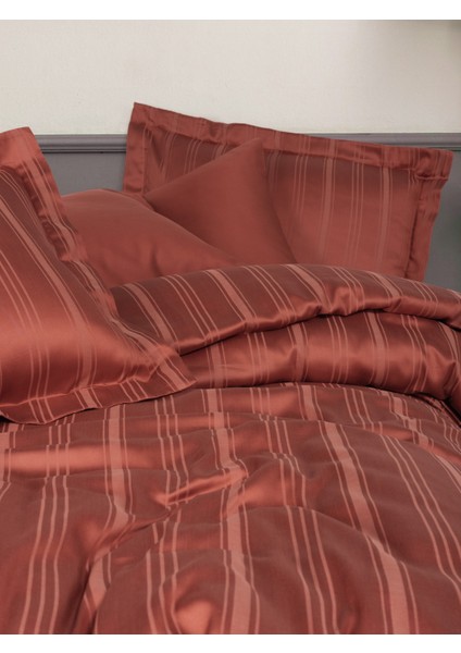 Smart Bambu Saten Çift Kişilik Nevresim Takımı Stripe Kiremit