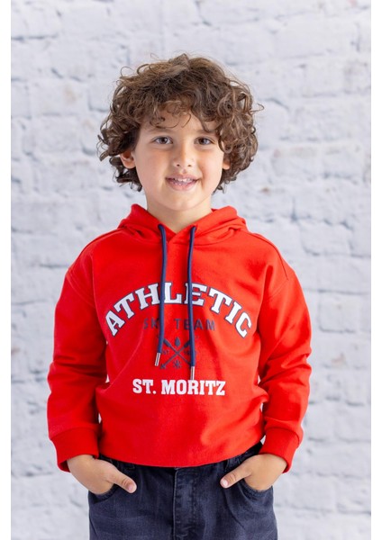 Erkek Çocuk Kapüşonlu Baskılı Sweatshirt - Kırmızı