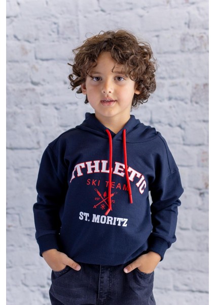 Erkek Çocuk Kapüşonlu Baskılı Sweatshirt - Lacivert