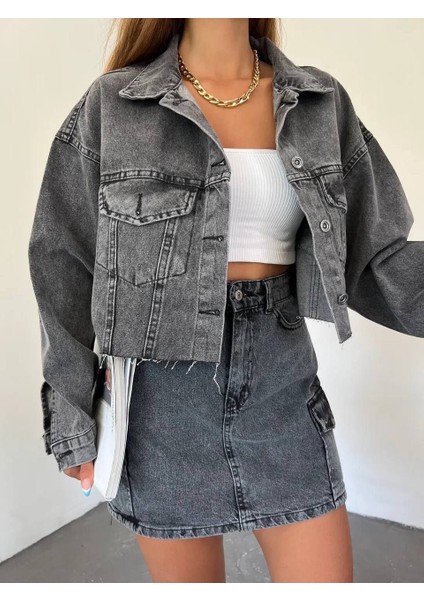 Çift Cepli Yıkamalı Crop Denim Ceket modelleri