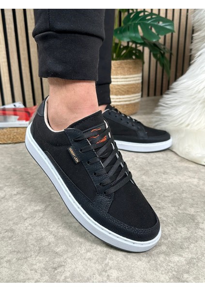 Günlük Erkek Sneaker Bağcıklı Kaymaz Taban Keten Deri Detaylı Oval Burun Spor Yürüyüş Ayakkabı 2545