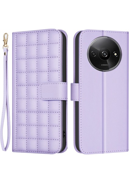 Xiaomi Poco C61 4g Kılıf Kare Izgara Deri Telefon Kapağı-Açık Mor (Yurt Dışından)