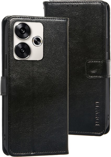 Ideweı Xiaomi Poco F6 5g Kılıf Crazy Horse Doku Deri Flip Telefon Kapağı-Siyah (Yurt Dışından)