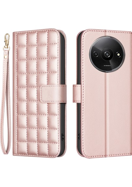 Xiaomi Poco C61 4g Kılıf Kare Izgara Deri Telefon Kapağı-Gül Altın (Yurt Dışından)