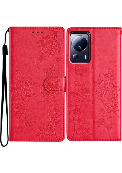 Xiaomi 13 Lite Telefon Kılıfı Için Çiçek Baskı Deri Cüzdan Kapağı-Kırmızı (Yurt Dışından)